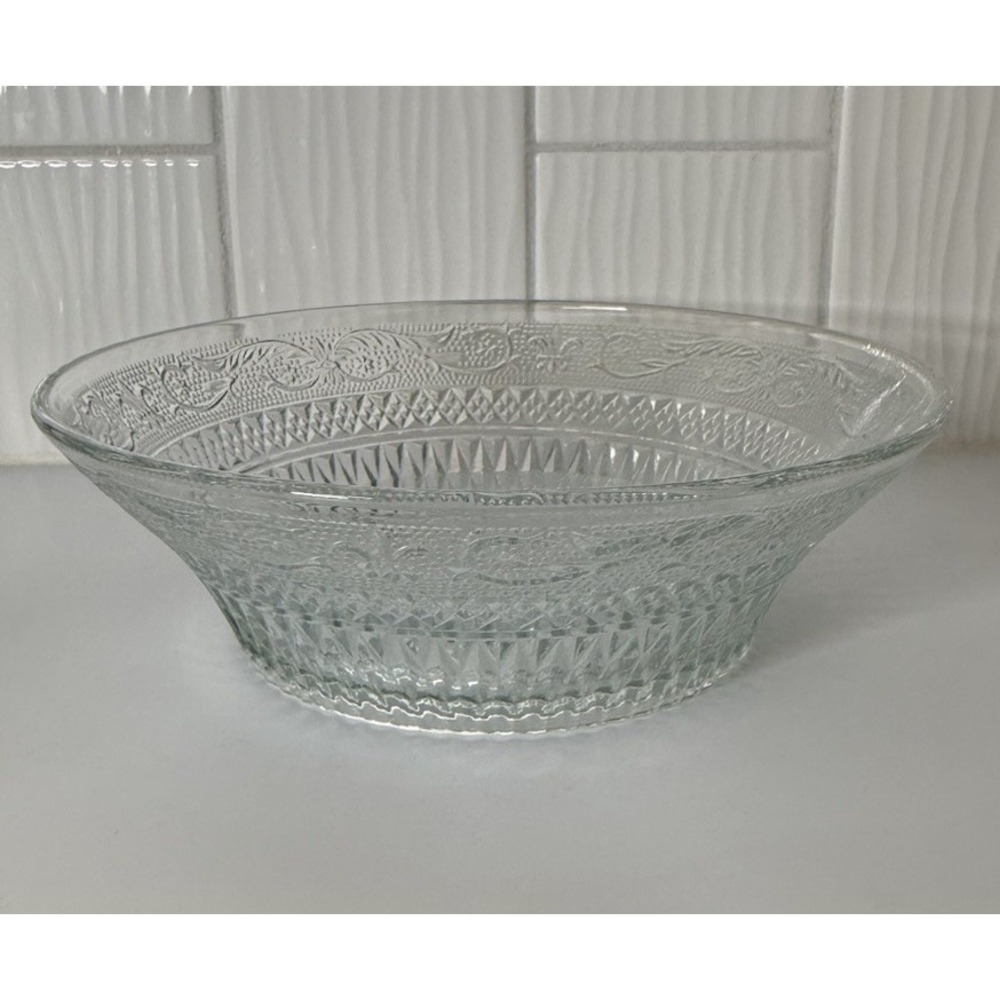 Vintage KIG Malaysia Bowl Crystal Clear Pressed Glass 8"D Pattern Trellis EUC